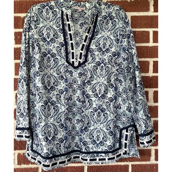 Saint Tropez West Colorful Tunic with Ribbon Trim 3/4 Sleeves Size Medium - Picture 1 of 4